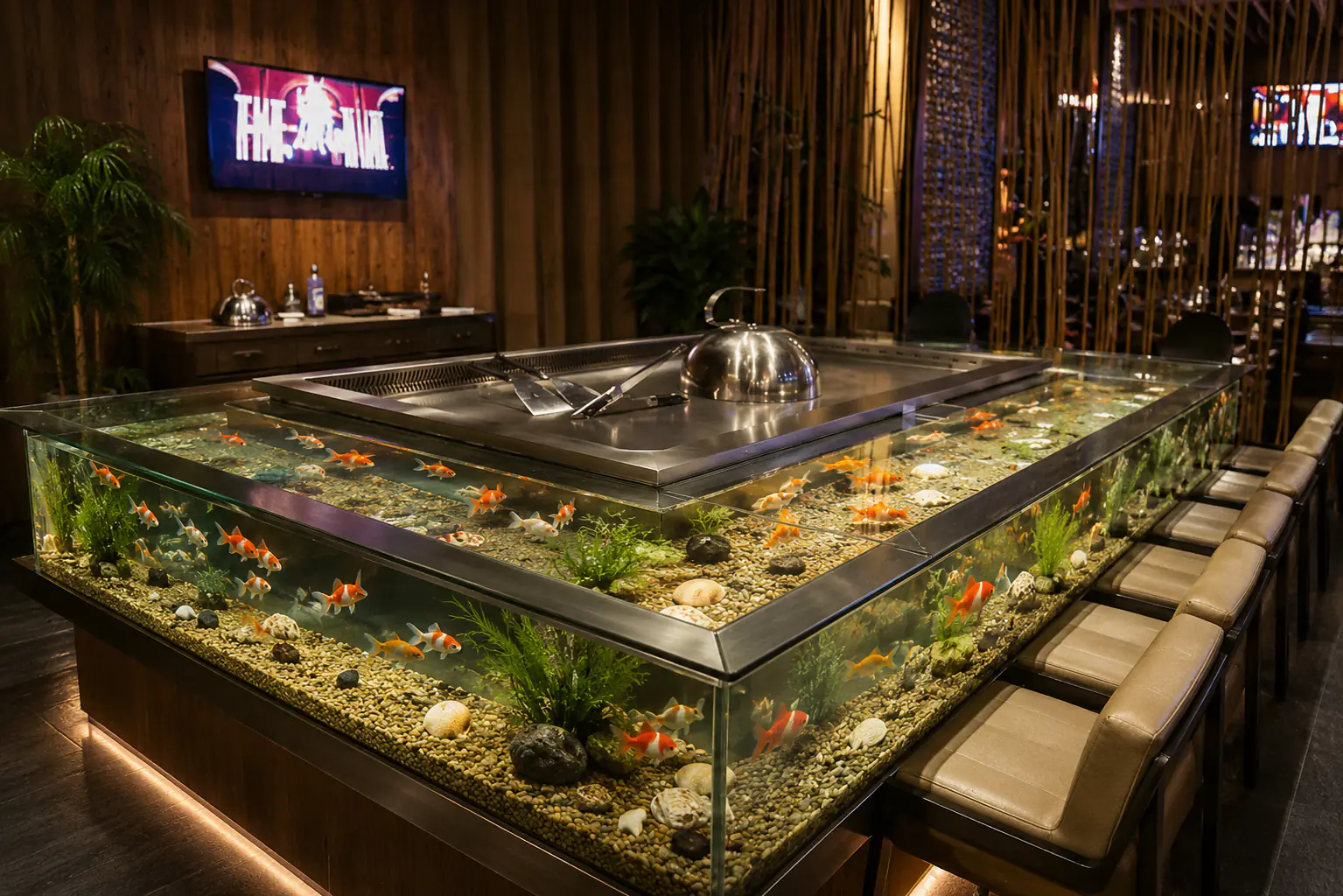 Aquarium-style teppanyaki dining table in a hospitality restaurant