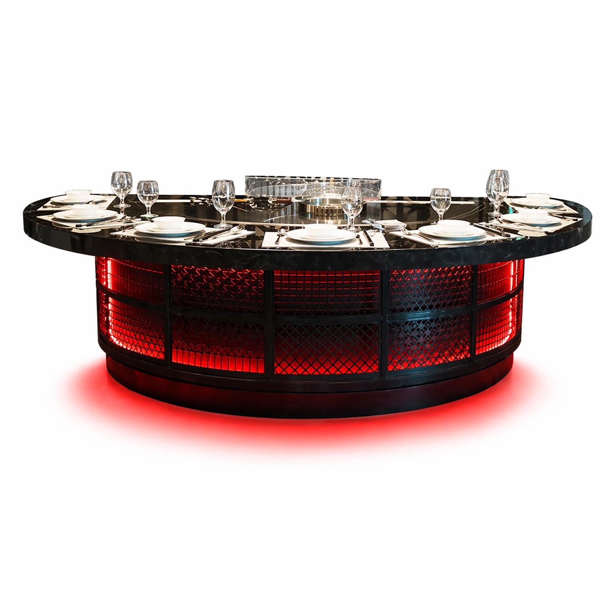 Round black Skyline Series teppanyaki grill table with red LED lighting for commercial restaurants