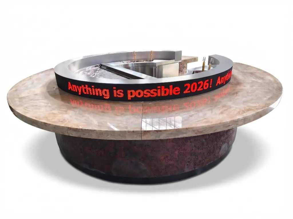 Custom circular teppanyaki station with stone countertop and LED display