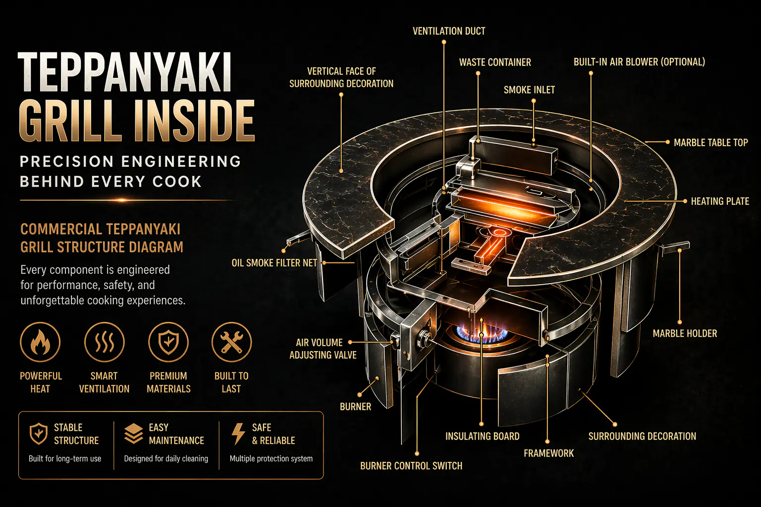 Commercial teppanyaki grill inside structure and ventilation system