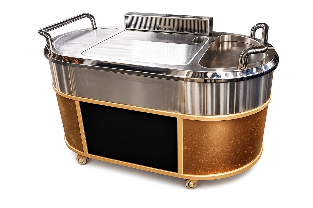 Oval stainless steel mobile teppanyaki grill cart with flat griddle and prep surfaces