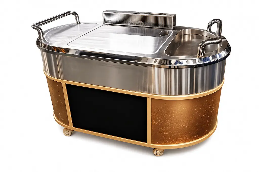 Oval stainless steel mobile teppanyaki grill cart with flat griddle and prep surfaces
